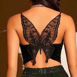 Butterfly Embroidery Mesh Velvet Cami Top, V-neck Sleeveless Spaghetti Strap S